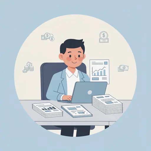 Modern flat illustration of a small business owner working at a desk with documents, laptop, and financial charts, symbolizing business support and funding assistance, soft blue tones, clean background, minimal style, circular composition, professional and friendly atmosphere
