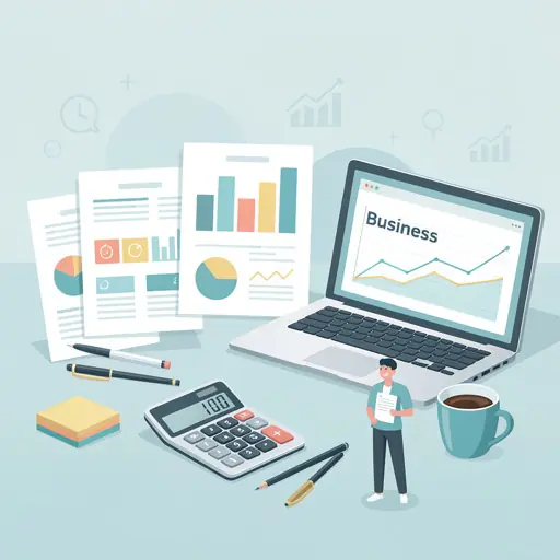 Modern flat illustration of business support concept with documents, financial charts, laptop, calculator and a small entrepreneur figure, clean soft colors, professional atmosphere, minimal background, detailed office elements, friendly and trustworthy style
