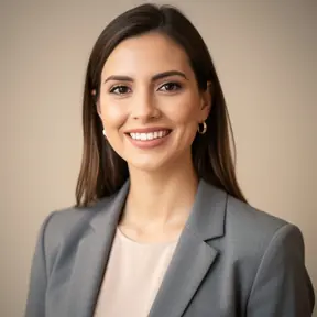 Professional portrait of a smiling female freelancer, modern professional attire, soft neutral background, warm and approachable expression, realistic high quality headshot photography
