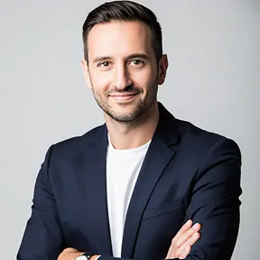 Professional portrait of a French male startup founder in his 30s, clean studio background, confident expression, smart casual outfit, high resolution realistic photography

