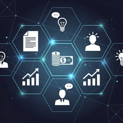 Modern digital illustration representing business support network, with interconnected hexagons, icons of documents, funding, growth charts and mentorship, dark blue background with glowing lines, professional and innovative atmosphere
