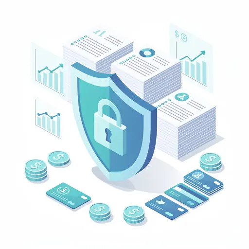 Modern flat illustration representing business security and financial protection, featuring a shield, lock, documents and financial charts, soft blue tones, clean minimal background, professional and trustworthy style, isometric design
