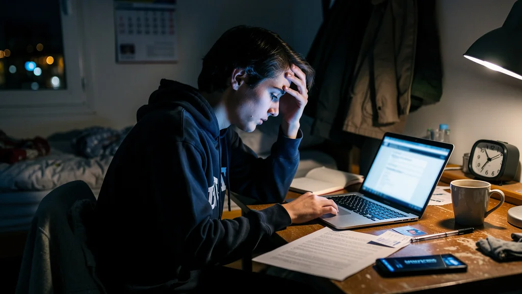 Étudiant stressé devant un dossier de bourse CROUS déposé trop tard, illustrant l’importance des délais
