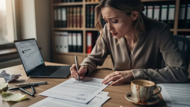 Jeune femme stressée réalisant son erreur sur un dossier de subvention mal signé en bureau moderne