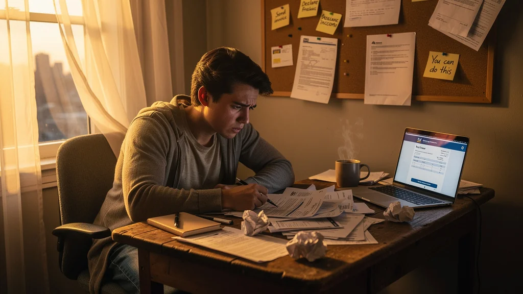 Freelanceur pensif dans un bureau à domicile, regrettant de ne pas avoir déclaré son activité freelance