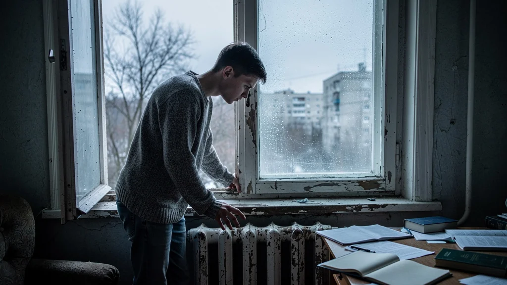 Étudiant déçu devant une fenêtre mal isolée dans un appartement étudiant froid et sombre