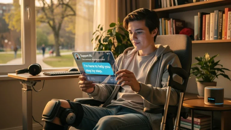Jeune en situation de handicap utilisant un chatbot pour conseils et aides adaptés, scène lumineuse et réaliste