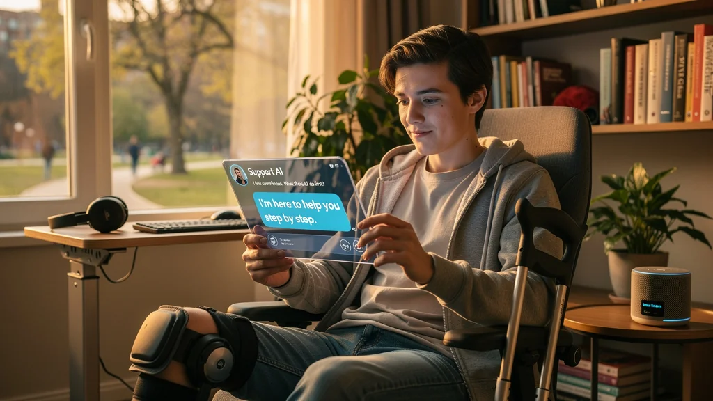 Jeune en situation de handicap utilisant un chatbot pour conseils et aides adaptés, scène lumineuse et réaliste