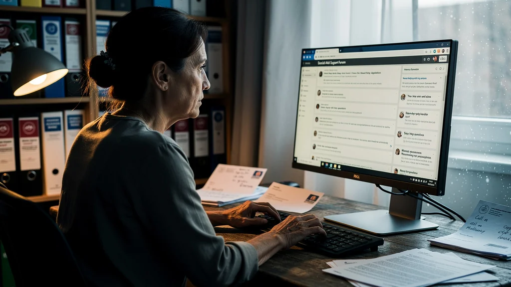 Femme utilisant un forum spécialisé en aides sociales pour le suivi personnalisé d’un dossier complexe
