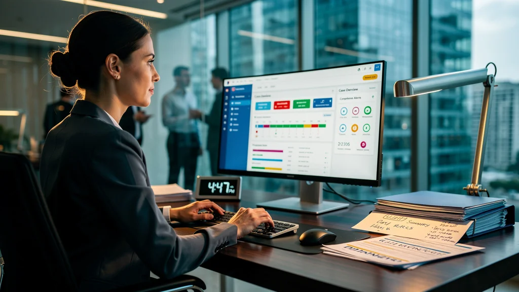 Professionnelle utilisant un logiciel de suivi des dossiers handicap et de gestion des délais complexes en bureau moderne