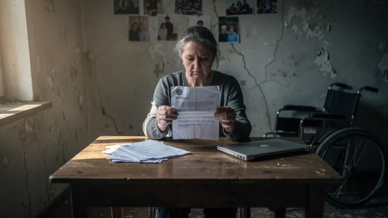 Femme triste tenant une lettre de refus d'aide pour handicapés, illustrant la fragilité des aides sociales