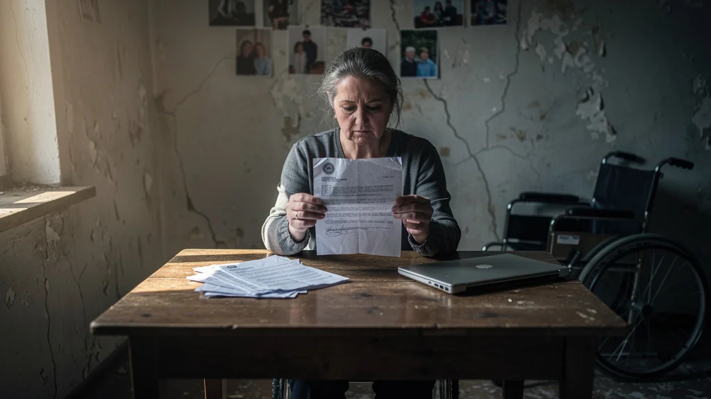 Femme triste tenant une lettre de refus d'aide pour handicapés, illustrant la fragilité des aides sociales