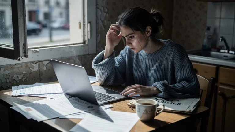 Jeune femme inquiète découvrant que négliger son dossier CAF retarde ses aides financières