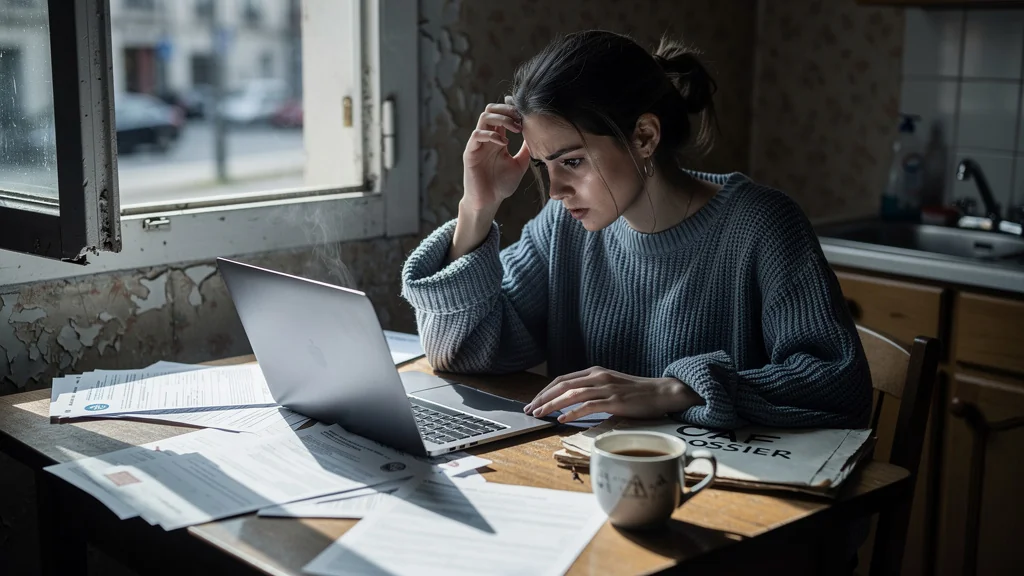 Jeune femme inquiète découvrant que négliger son dossier CAF retarde ses aides financières
