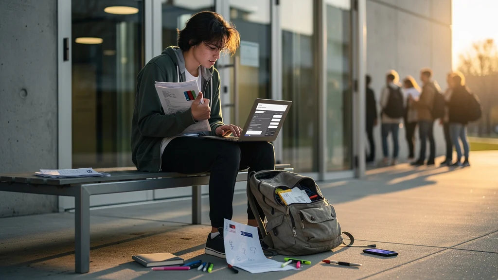 Étudiant stressé devant un dossier CROUS, symbole d'inscription fac et de rentrée universitaire