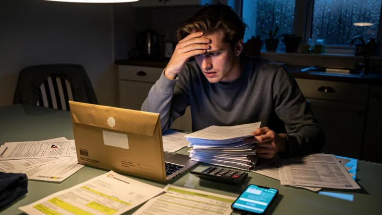 Jeune entrepreneur stressé devant des papiers CAF, symbole d'un mauvais choix de statut