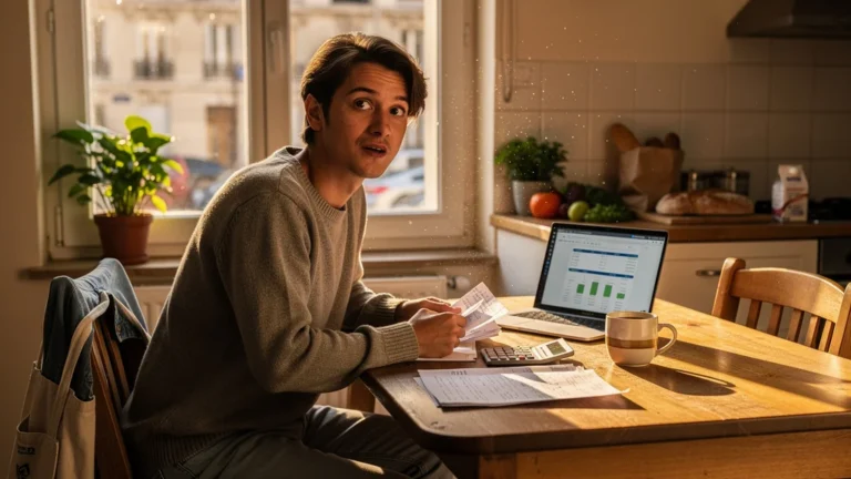 Prime d'activité : une femme réfléchit à son impact réel sur le quotidien, avec factures et calculatrice