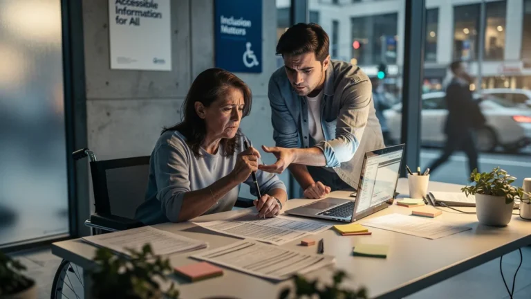 Personne handicapée en difficulté avec un dossier administratif, illustrant l’importance des informations accessibles
