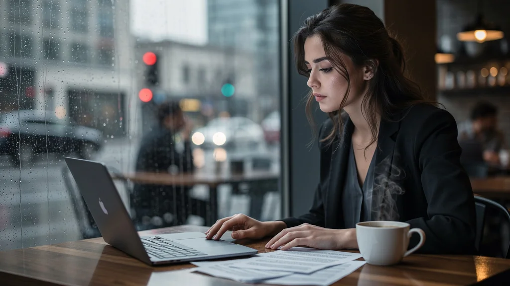 Femme professionnelle réfléchissant sur ses refus d'emploi, ambiance mélancolique et réaliste