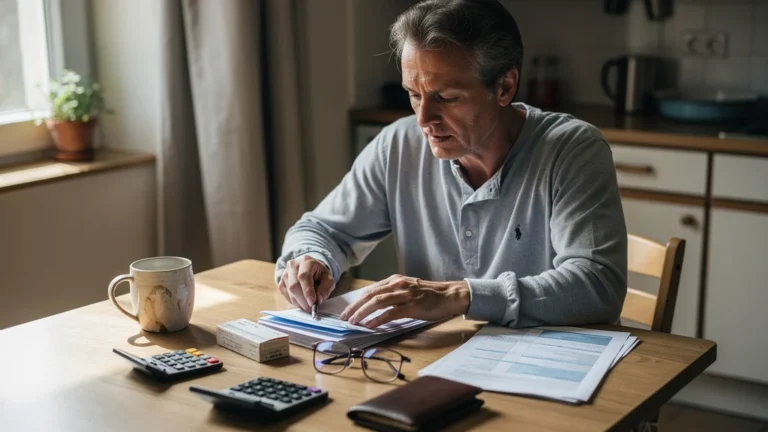 Personne comparant complémentaire santé solidaire et mutuelles low-cost, avec documents et calculatrice sur une table