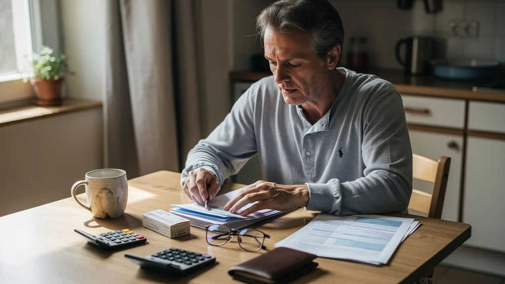 Personne comparant complémentaire santé solidaire et mutuelles low-cost, avec documents et calculatrice sur une table