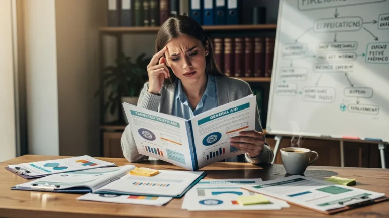 Jeune femme réfléchissant aux aides ciblées jeunes versus aides générales avec dossiers et documents détaillés