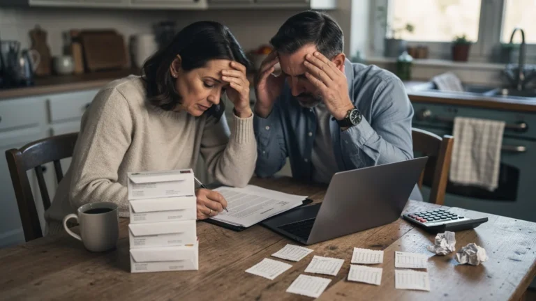Couple stressé devant des factures de mutuelle santé solidaire, illustrant 6 mois perdus