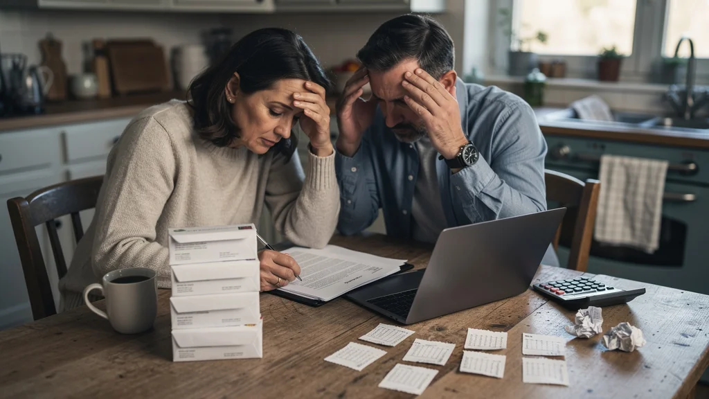 Couple stressé devant des factures de mutuelle santé solidaire, illustrant 6 mois perdus