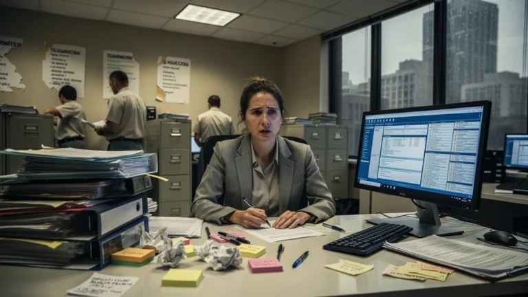 Femme stressée devant un bureau encombré montrant la complexité sous-estimée des dossiers administratifs
