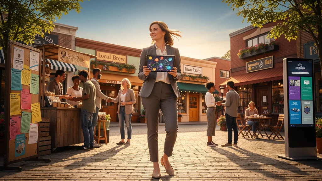 Femme confiante au cœur d’un réseau local dynamique illustrant l’emploi hors grandes institutions