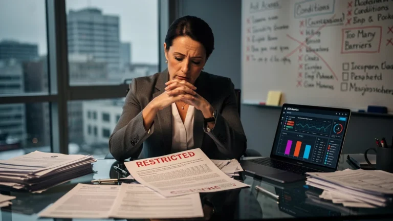 Femme sceptique examinant des critères restrictifs d'aides dans un bureau moderne, ambiance intense et réaliste