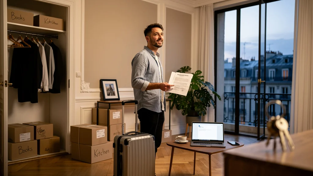 Jeune salarié hésitant devant des cartons, illustrant l’aide Action Logement pour la mobilité