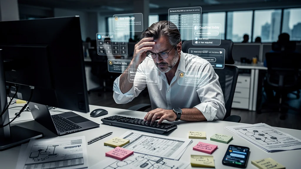 Homme frustré face à une communication digitale complexe des aides, frein et surcharge d'informations