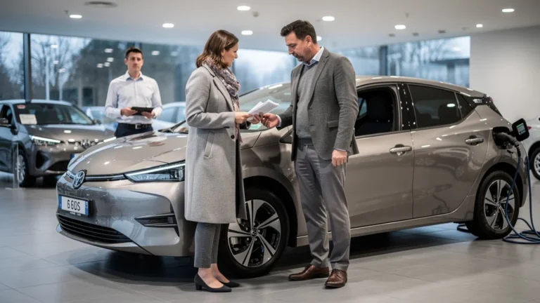 Couple dans une concession face à une voiture électrique, illustrant le bonus écologique de 4 000 euros pour les revenus moyens