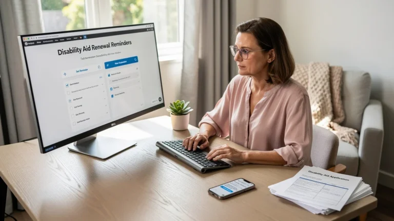 Femme utilisant un service de rappel automatisé pour renouvellement d’aides handicap à domicile