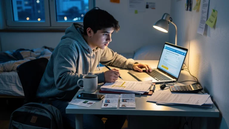 Étudiant testant le simulateur Visale avec un dossier de location bancal sur ordinateur portable