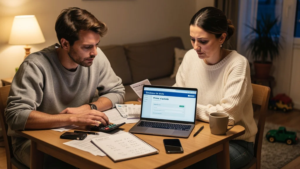 Couple au SMIC utilisant le simulateur Prime d’activité CAF sur un ordinateur portable