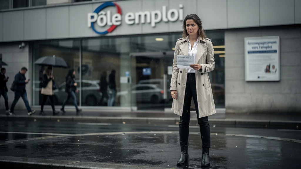 Jeune femme déçue devant Pôle emploi après un rendez-vous manqué qui a retardé son projet