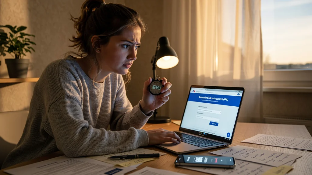 Femme chronométrant la demande d'APL en 18 minutes lors de sa troisième tentative dans un bureau moderne