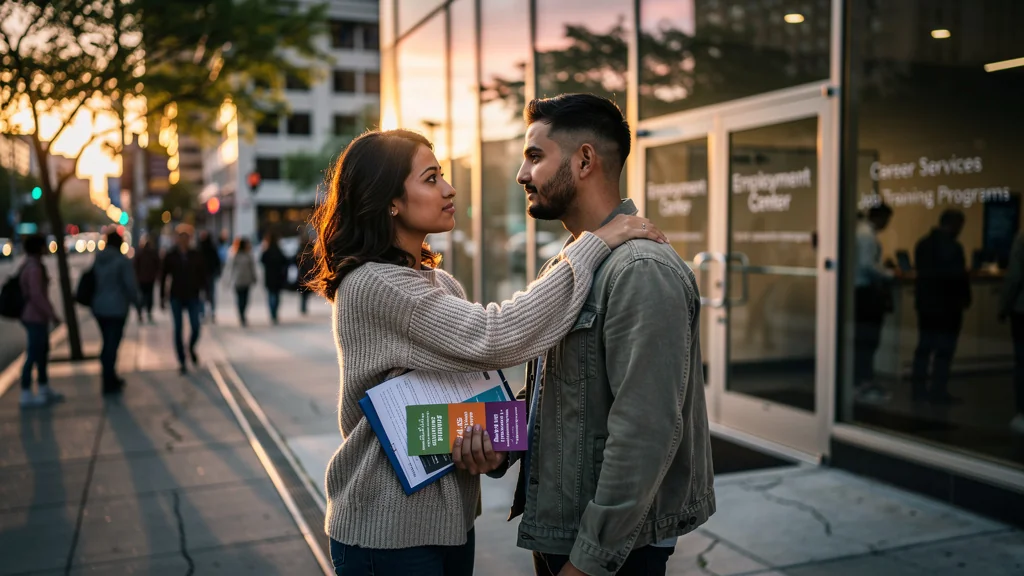 Accompagner un ami vers l'emploi : moment d'entraide et de transformation dans un cadre urbain moderne