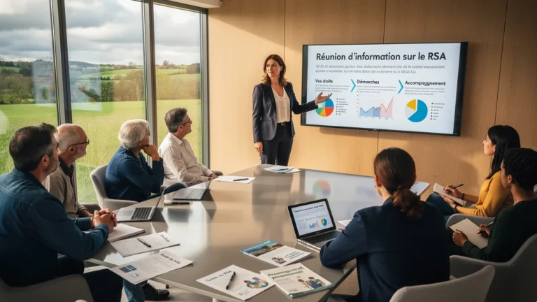 Réunion d'information près de Saint-Étienne éclaircissant le RSA avec participants attentifs