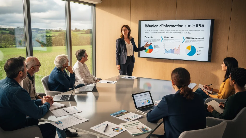 Réunion d'information près de Saint-Étienne éclaircissant le RSA avec participants attentifs