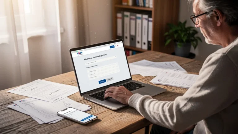 Personne suivant le parcours de demande d'AAH sur le site MDPH avec ordinateur et documents