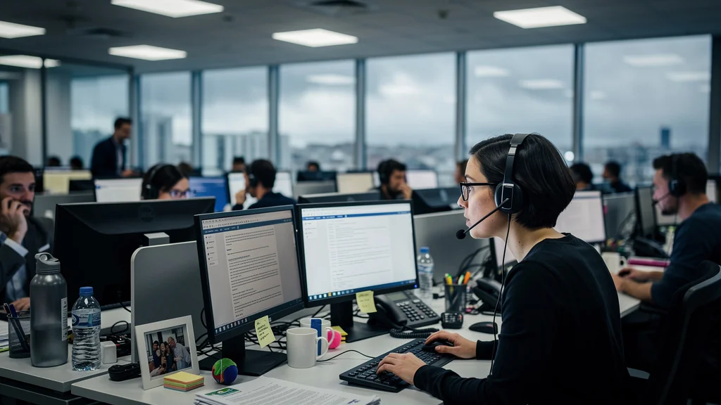 Employés au centre d’appel de la CAF un lundi matin, ambiance tendue et réaliste du service téléphonique