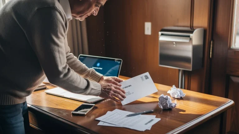 Envoi d'un dossier papier en recommandé après échecs d'envoi en ligne, photo réaliste et détaillée