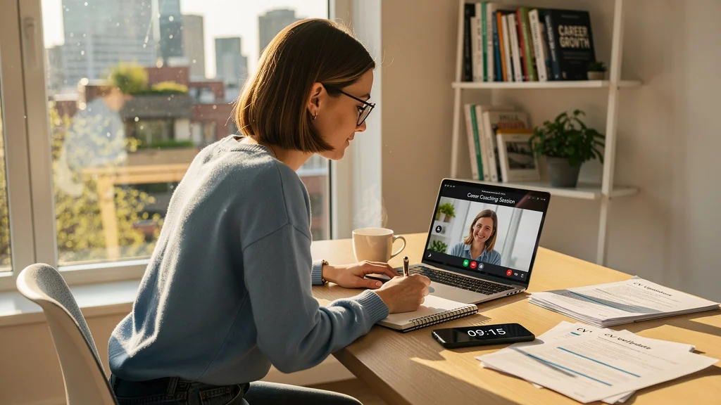 Femme en visioconférence avec un conseiller emploi lors d'une prise de rendez-vous en ligne un mardi matin