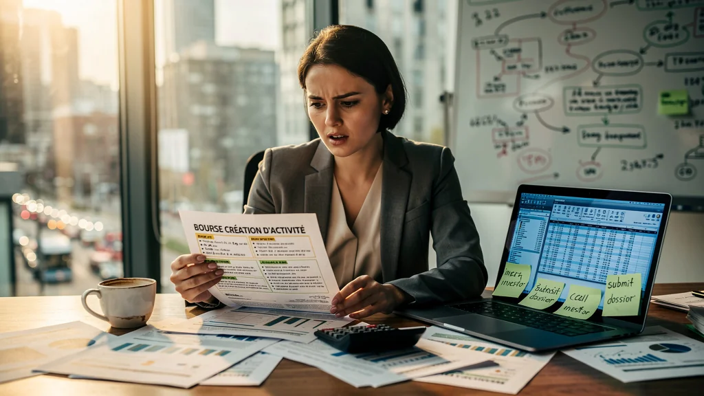 Femme entrepreneure découvrant le plafond strict de la bourse création d’activité avec documents financiers sur bureau