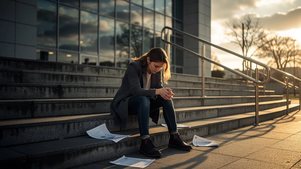 Jeune femme désemparée abandonnant ses démarches devant un bâtiment administratif moderne