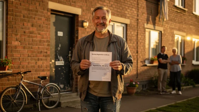 Homme recevant son numéro SIRET, symbole d’un nouveau départ après chômage, lumière dorée urbaine réaliste