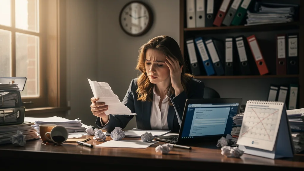 Femme stressée à son bureau avec des pièces justificatives mal classées retardant son dossier de 7 semaines